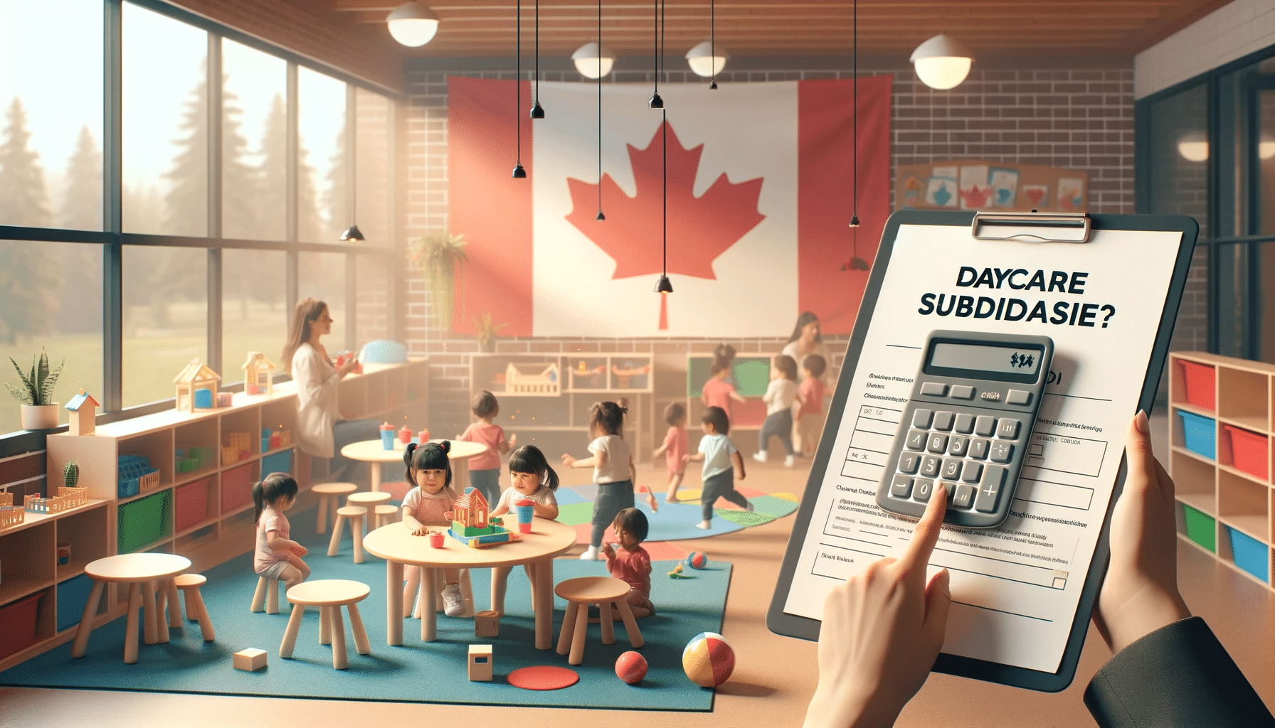 Imagen fotorealista de un aula de daycare en Canadá con niños jugando, una bandera canadiense en la pared, y una persona sosteniendo un formulario y calculadora para subsidios de guardería.