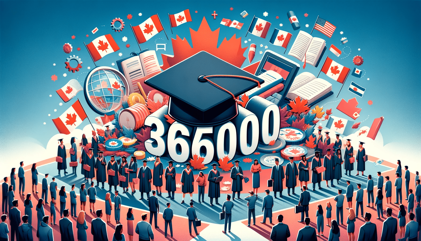 Imagen mostrando los cambios en el programa de estudiantes internacionales en Canadá, con la cifra 360,000, estudiantes diversos y banderas canadienses.