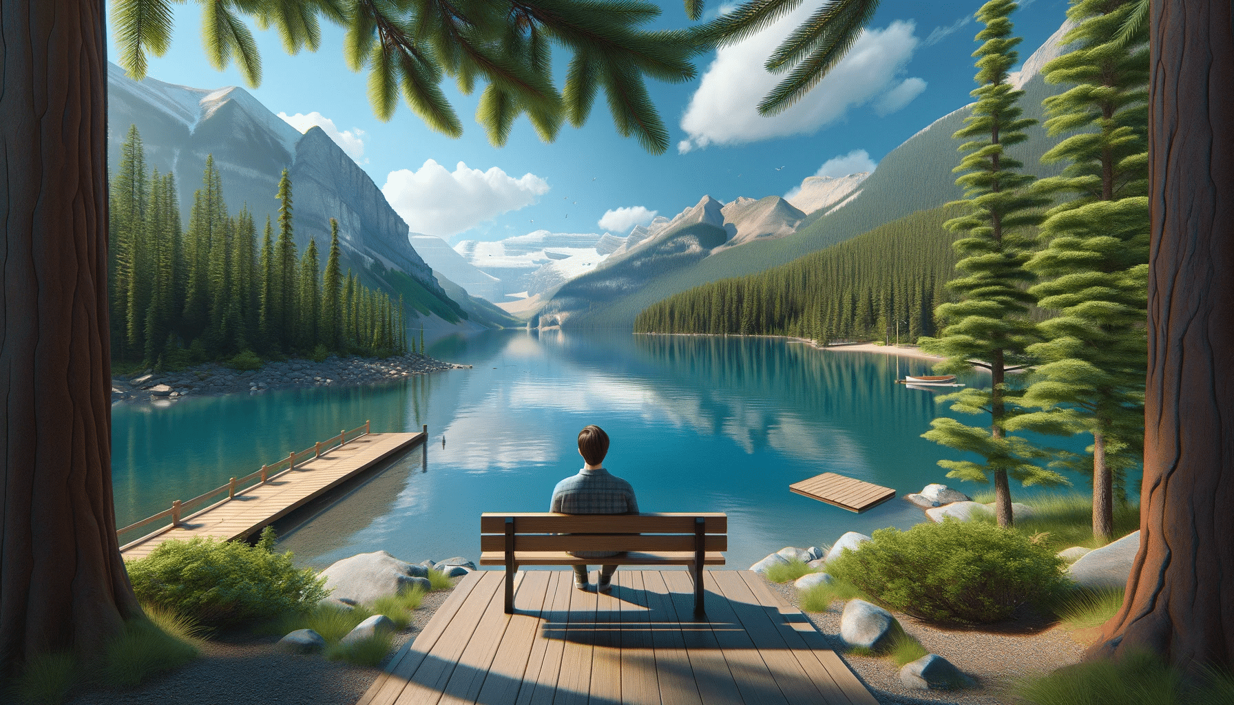 Persona contemplando serenamente un lago canadiense rodeado de montañas, reflejando la tranquila vida en Canadá.