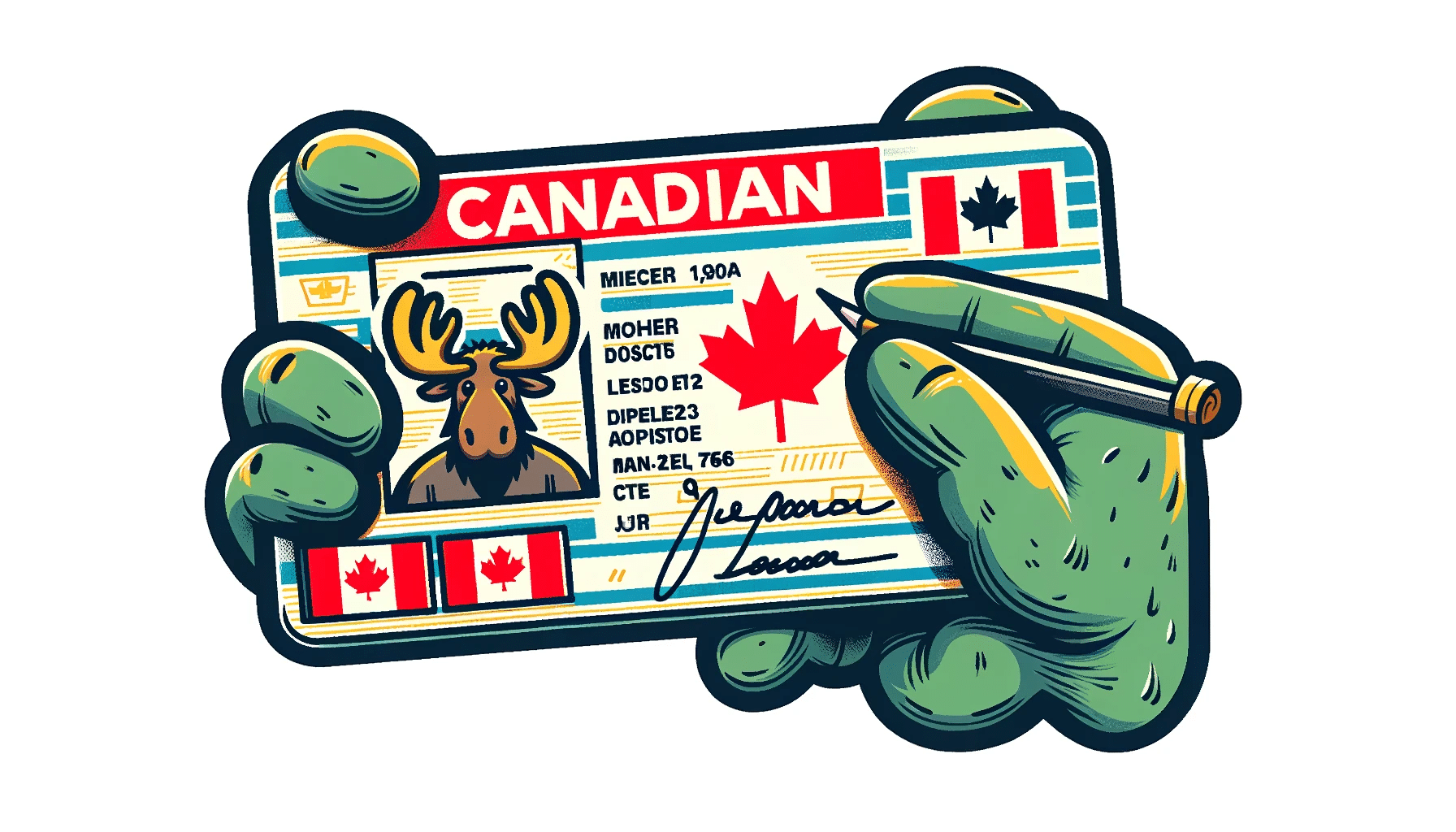 Caricatura de una licencia de conducir canadiense ficticia con símbolos icónicos de Canadá como la hoja de arce y un alce.